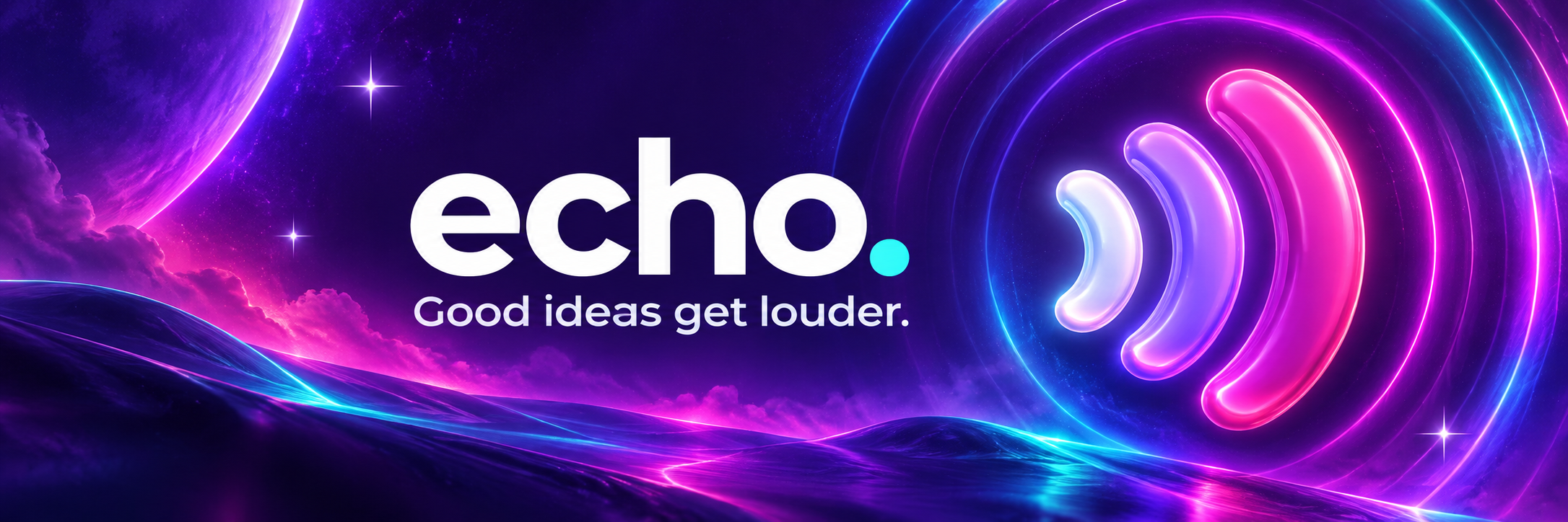 Echo. Good ideas get louder. Electric purple waves with pink and aqua signal artwork.